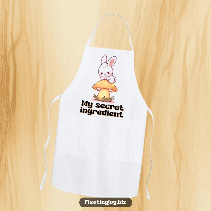 Funny Bunny Mushroom Apron illustration of a fluffy bunny hopping over a glowing mushroom, bringing whimsical charm to cooking.