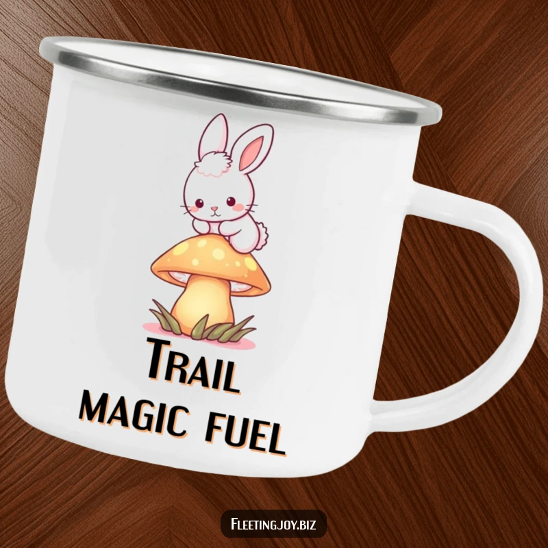 Funny Bunny Mushroom Camping Mug depicting a fluffy bunny hopping over a glowing mushroom, ideal for magical outdoor sips.
