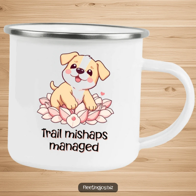 Funny Puppy Petal Camping Mug depicting a wobbly puppy tripping into soft petals, ideal for cute outdoor sips.