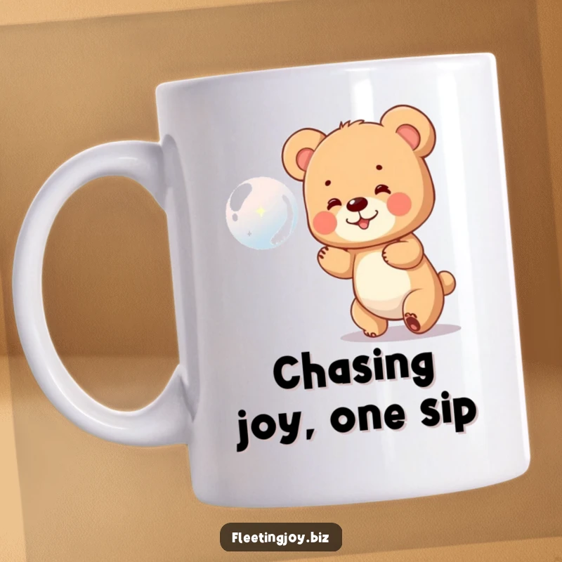 Funny Bear Cub Mug art of a tiny bear cub joyfully pursuing a shimmering bubble, capturing playful innocence and humor.