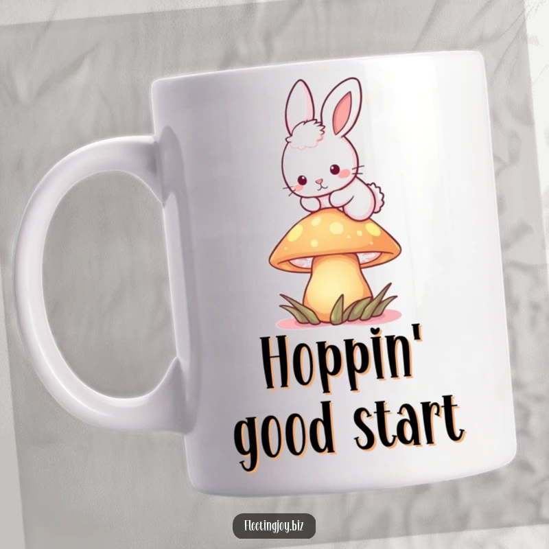 Funny Bunny Mushroom Hop Mug illustration of a fluffy bunny leaping over a luminous mushroom, evoking a sense of wonder.