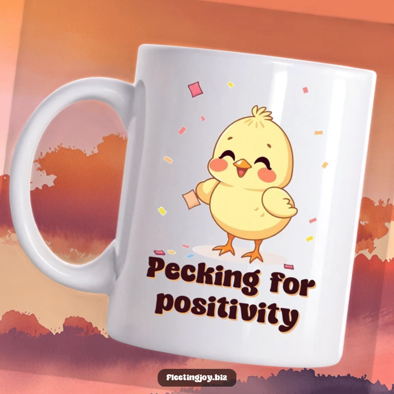 Funny Chick Confetti Mug showing a happy chick pecking at a piece of falling confetti, embodying pure delight.