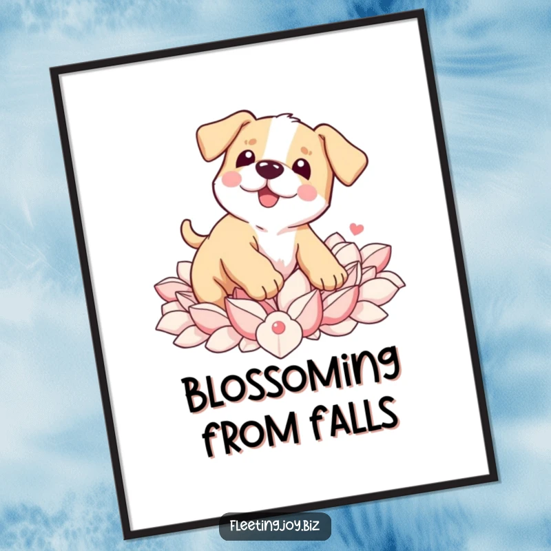 Funny Puppy Petal Digital Art Print of a wobbly puppy landing in soft petals, perfect for instant adorable decor.