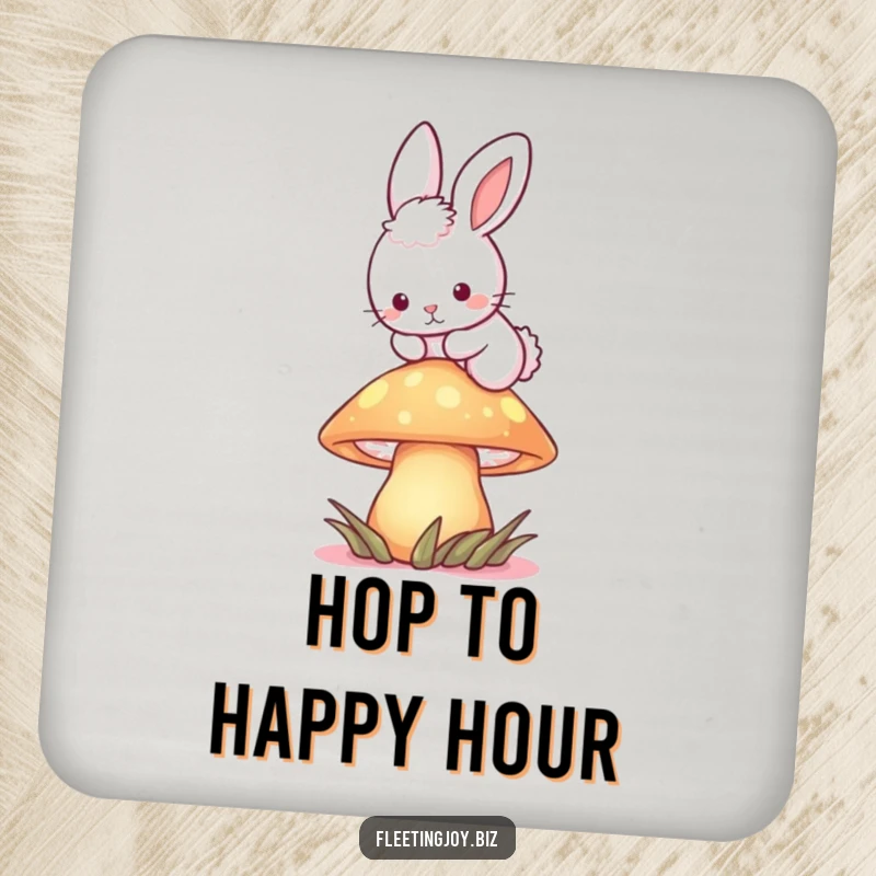 Funny Bunny Mushroom Coaster art of a fluffy bunny hopping over a glowing mushroom, offering whimsical protection.