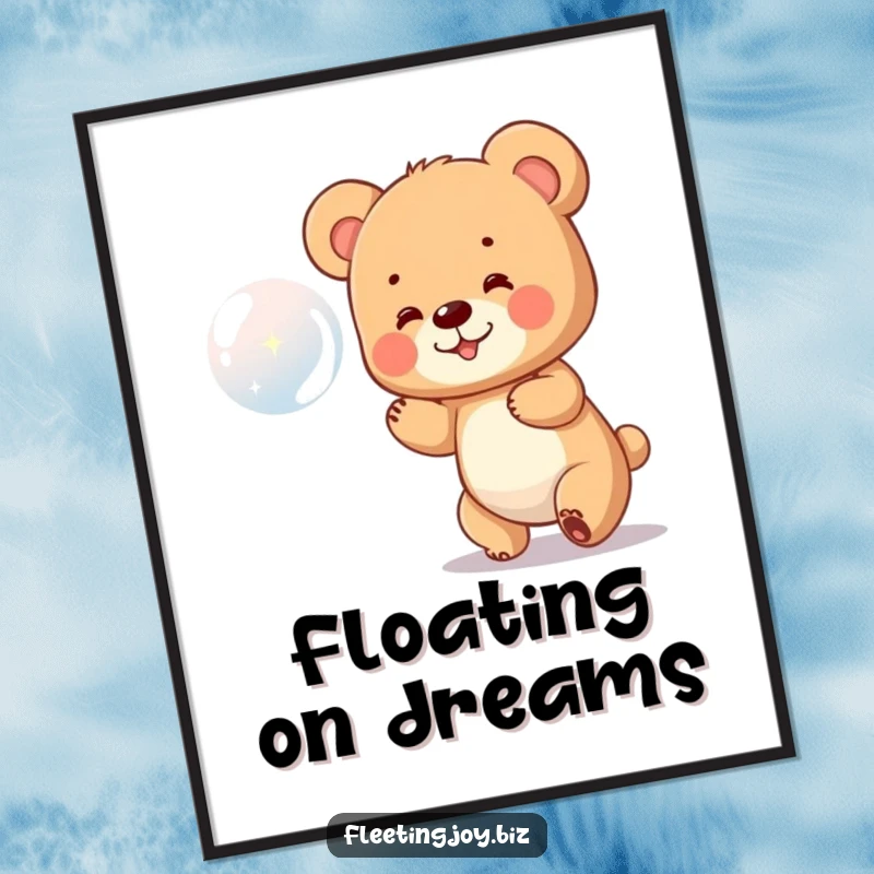 Funny Bear Cub Poster print of a tiny bear cub ecstatically chasing a iridescent bubble, bringing playful energy to walls.