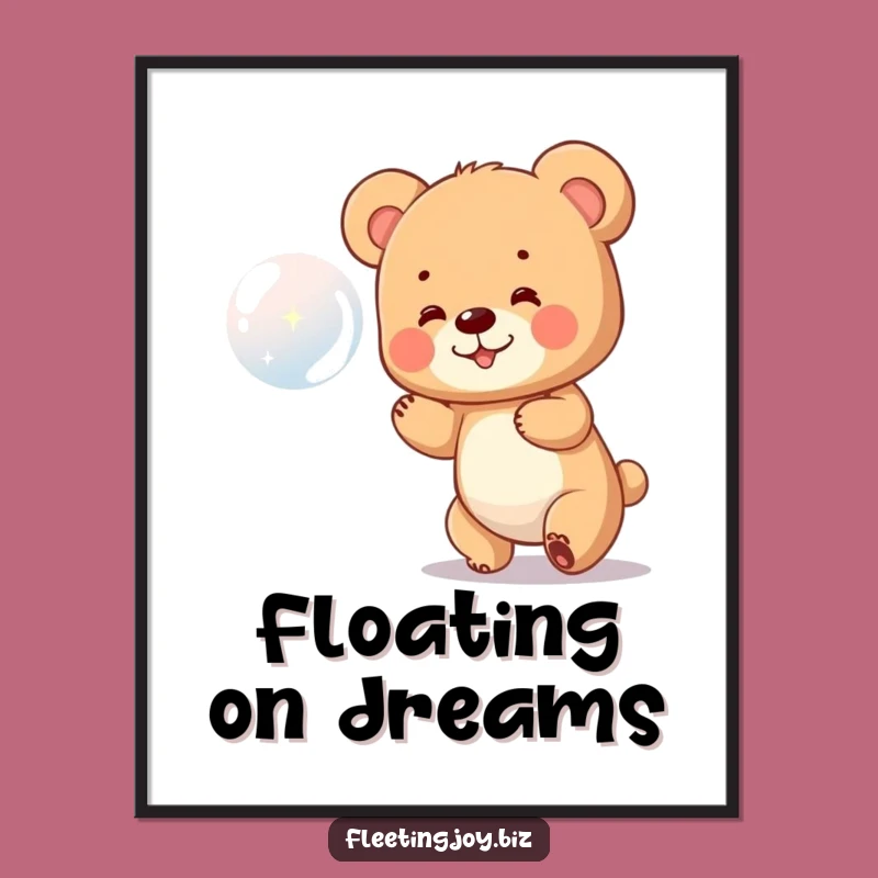 Funny Bear Cub Bubble Chase Poster: Adorable Wall Art, Hilarious Funny Gift for Decor