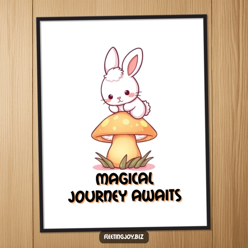 Funny Bunny Mushroom Poster print of a fluffy bunny hopping over a glowing mushroom, bringing whimsical forest magic indoors.