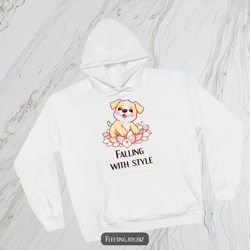 Funny Puppy Petal Pile Hoodie showing a wobbly puppy landing gently in soft petals, perfect for cozy, clumsy comfort.