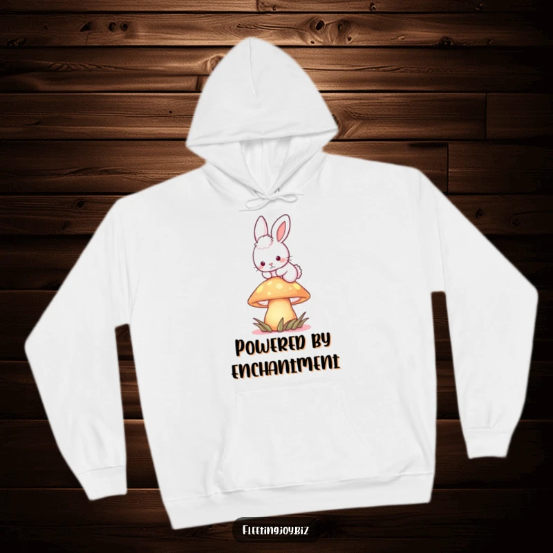 Funny Bunny Mushroom Hoodie featuring a fluffy bunny mid-hop over a glowing mushroom, perfect for mystical comfort.