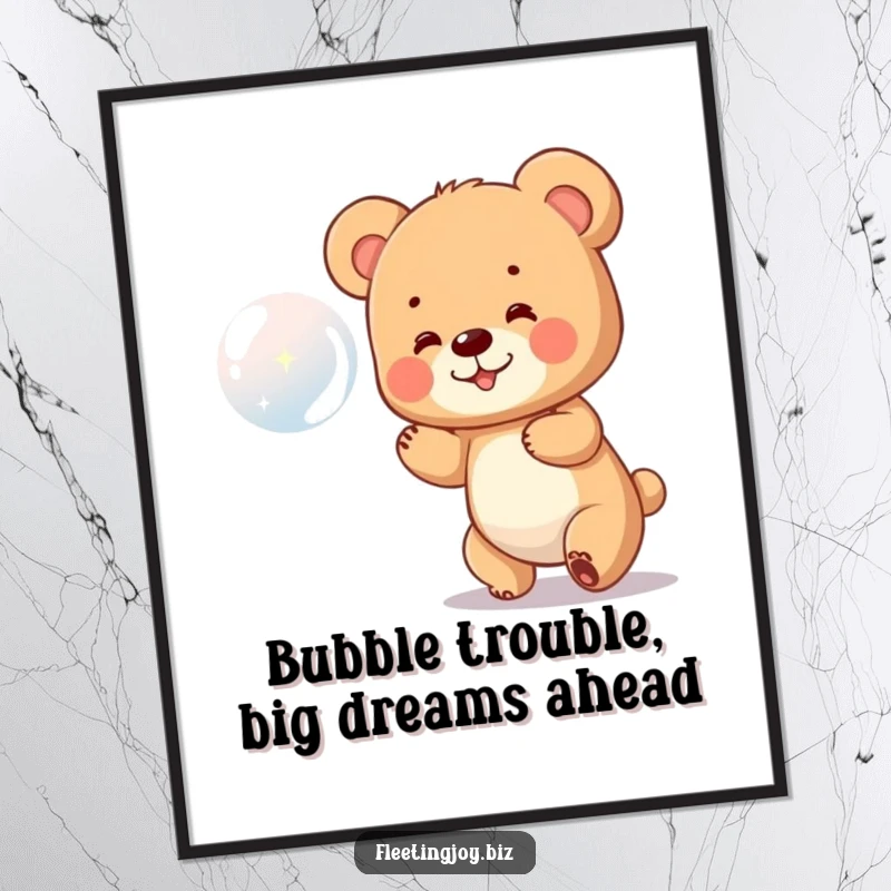 Funny Free Printable Wall Art: A small bear cub gleefully chasing a large, sparkling bubble, bringing whimsical charm to your walls.