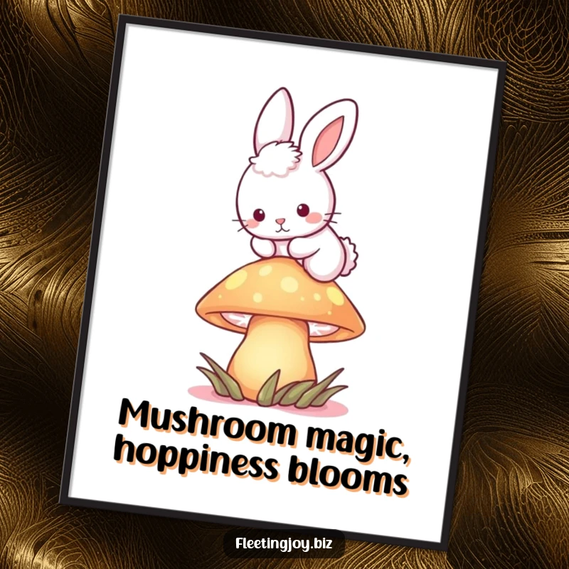 Funny Free Printable Wall Art: A fluffy bunny magically hopping over a vibrantly glowing mushroom, creating an enchanting scene.