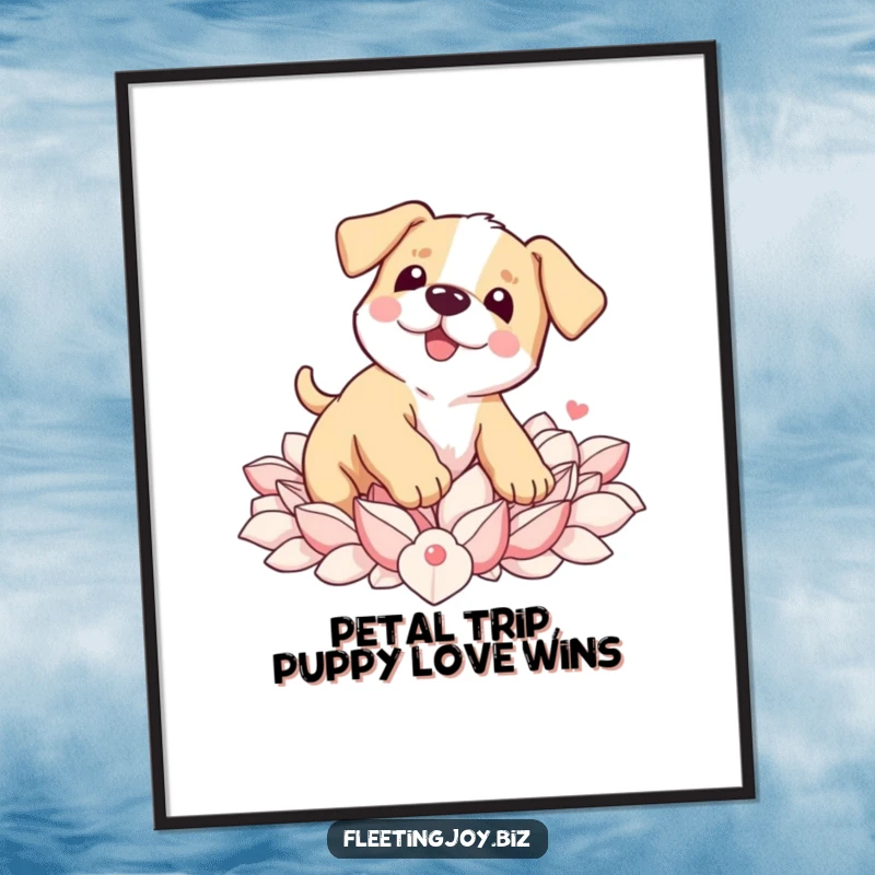 Funny Free Printable Wall Art: A wobbly puppy tripping endearingly and landing softly in a pile of scattered flower petals.