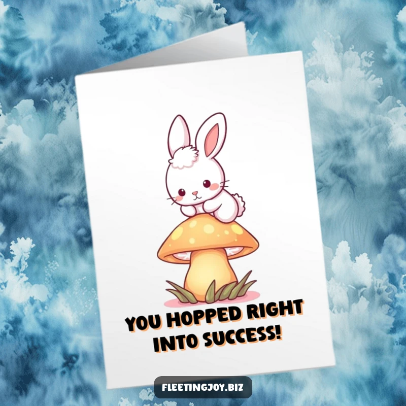 Funny Free Printable Congrats Card: Whimsical bunny hopping over a glowing mushroom, symbolizing a magical achievement and celebration.