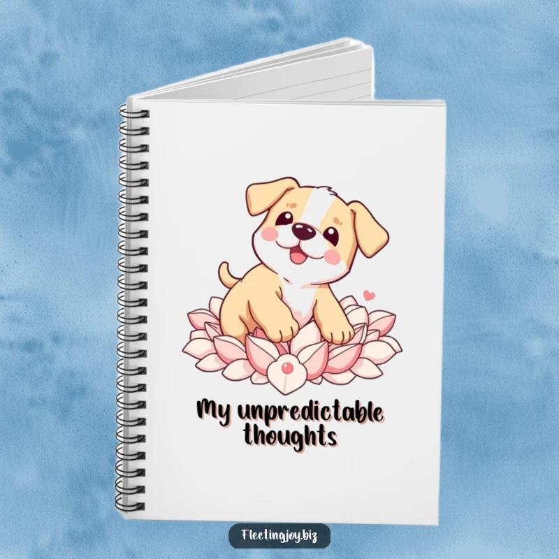 Funny Puppy Petal Notebook showing a wobbly puppy landing in soft petals, perfect for jotting down sweet thoughts.