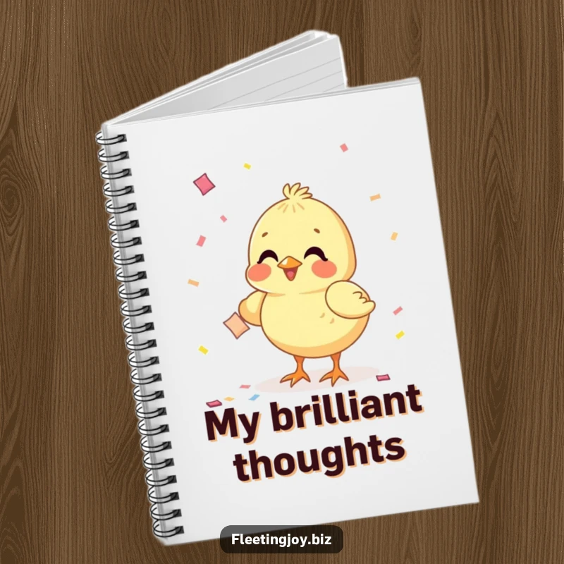 Funny Chick Confetti Notebook showing a happy chick pecking at a confetti piece, perfect for writing joyful notes.