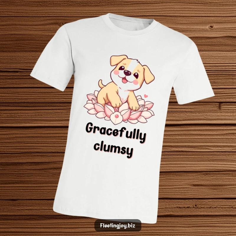 Funny Puppy Petal Trip T-Shirt depicting a wobbly puppy falling cutely into a pile of soft flower petals, embodying sweet chaos.