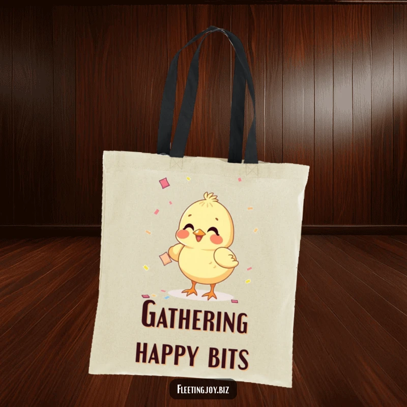 Funny Chick Confetti Tote Bag depicting a cheerful chick pecking at falling confetti, perfect for carrying party essentials.